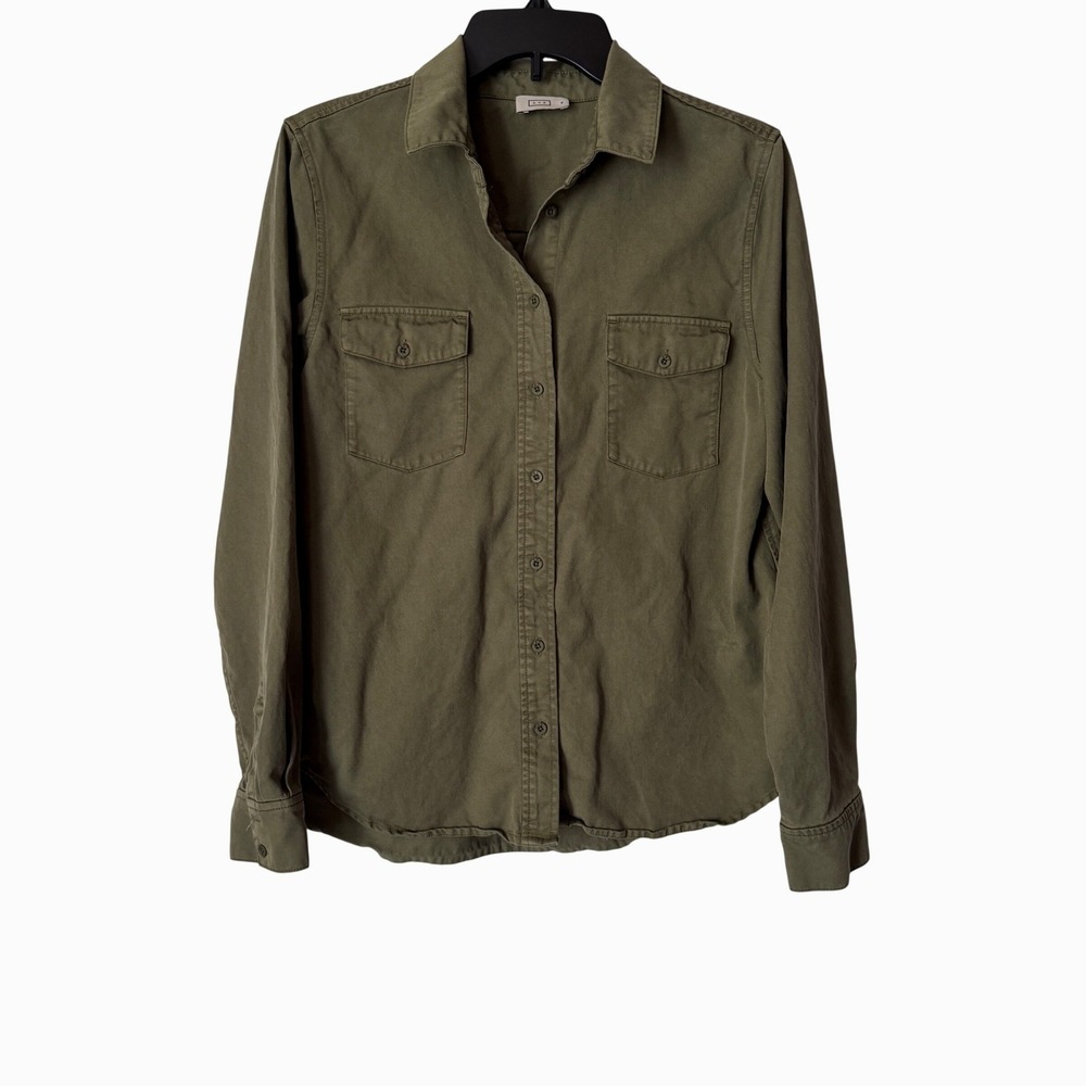 AYR Women Medium Long Sleeve Button Down Shirt Olive Green Tencel Cotton